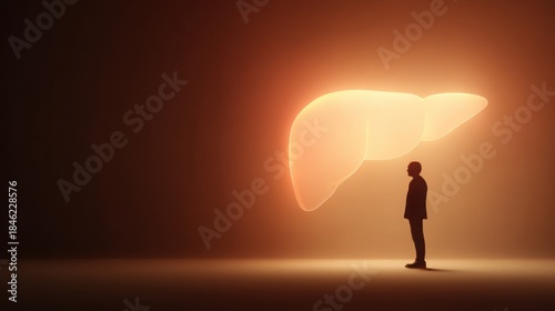 symbolic ancient liver cleansing concept, calm human silhouette, soft glowing liver area, gentle warm light, spiritual balance mood, minimalistic