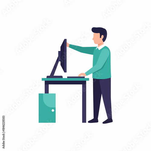Man Adjusting Computer Monitor at Desk.