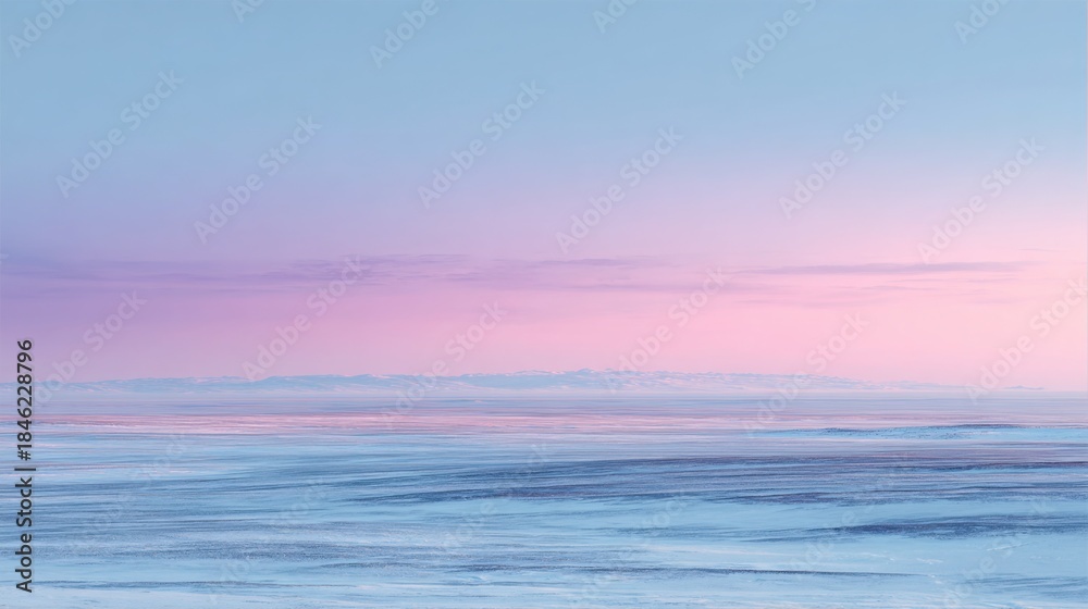 Fototapeta premium Vast arctic landscape under soft twilight sky, subtle pink and blue tones, frozen plains stretching to the horizon, minimalistic yet powerful