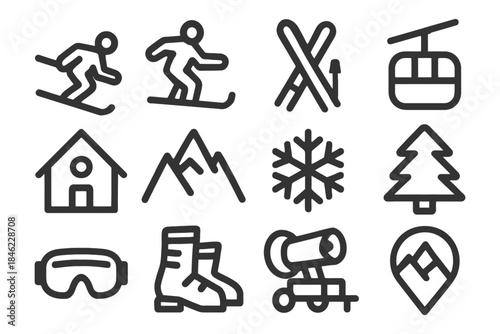Skiing icons collection: winter sports symbols and equipment.