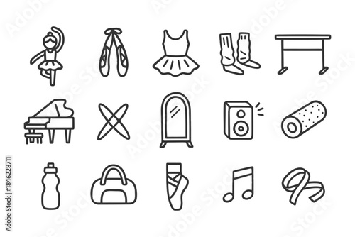 Ballet icons set: dancer, shoes, piano, music notes, accessories.