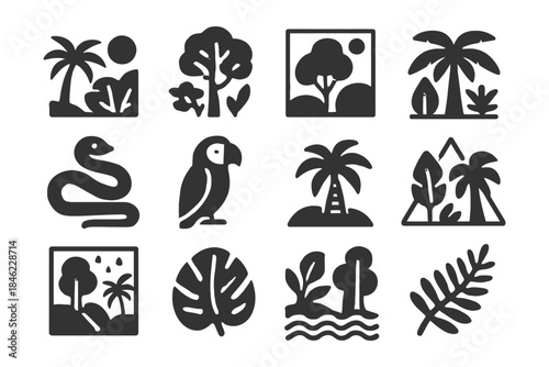 Tropical and jungle icons set: nature elements, animals, and plants.