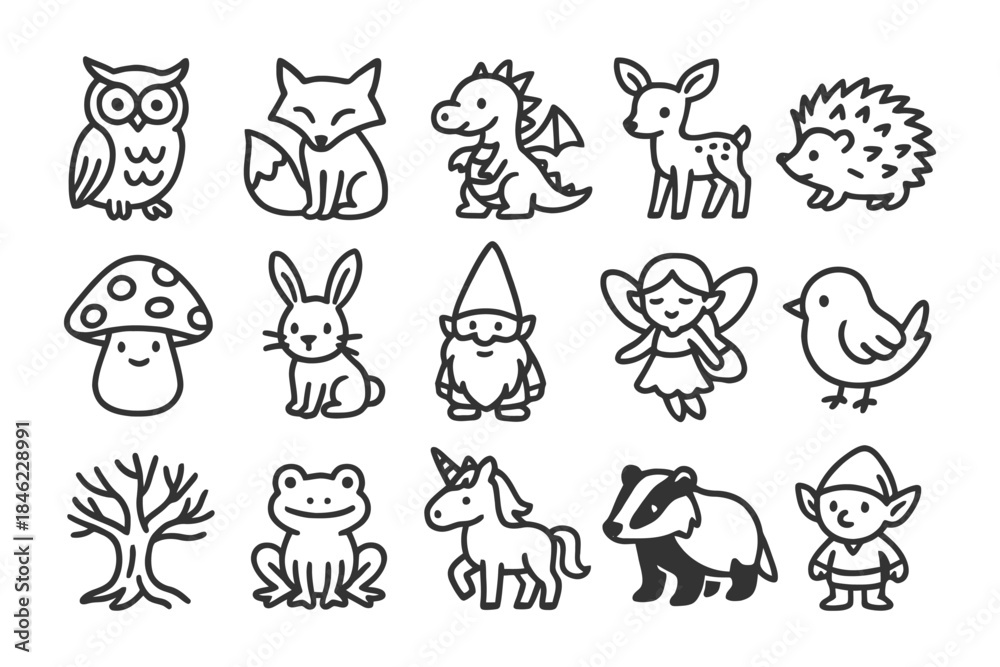 Naklejka premium Whimsical forest creatures and fairy tale characters in black and white outline.