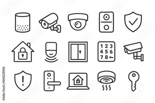 Home security icons: camera, alarm, keypad, and more.