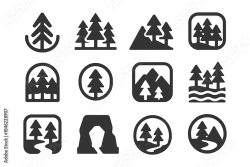 Nature-themed icon set featuring trees, mountains, rivers, and forest elements.