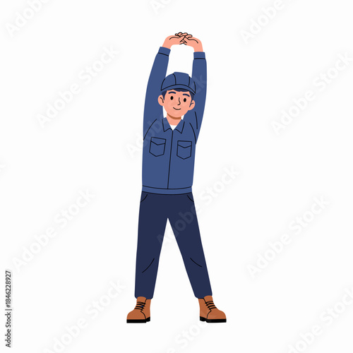 Man in Blue Uniform Stretching Arms Up.