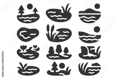 Set of twelve black silhouette icons depicting natural landscapes and water elements.