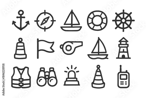 Nautical icons set: anchor, compass, boat, life vest, lighthouse, whistle, lifebuoy.