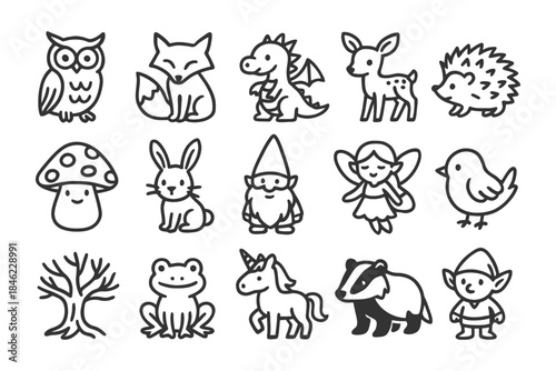 Whimsical forest creatures and fairy tale characters in black and white outline.