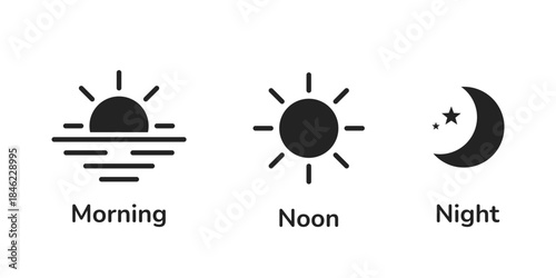 Day and night icons set. Morning sunrise, noon sun, and night moon with stars symbols. Morning and night. Day and night weather forecast symbol. Rising and setting sun, crescent moon, and star