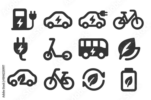 Electric and eco-friendly transportation icons featuring cars, bikes, and scooters.