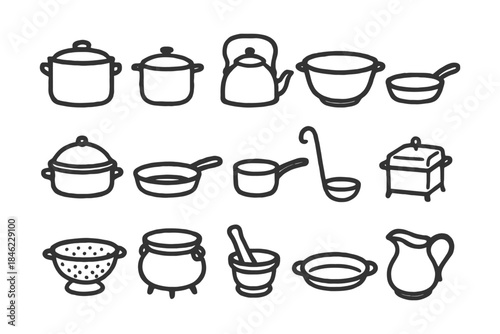 Hand-drawn kitchen utensils set including pots, pans, kettle, and ladle.