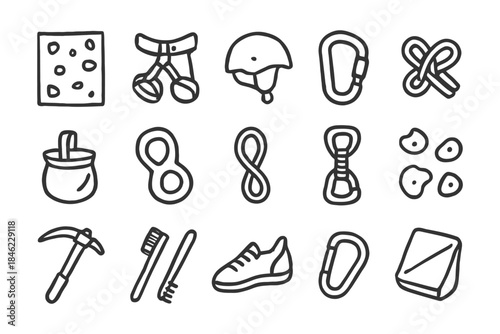 Minimalist climbing gear icons featuring harness, helmet, carabiner, rope, chalk bag, and shoes.