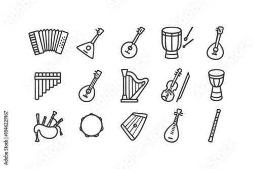 Outline icons of musical instruments featuring drums, guitar, violin, harp, and more.