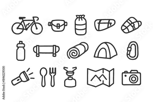 Camping gear icons: bicycle, tent, backpack, climbing, and cooking essentials.