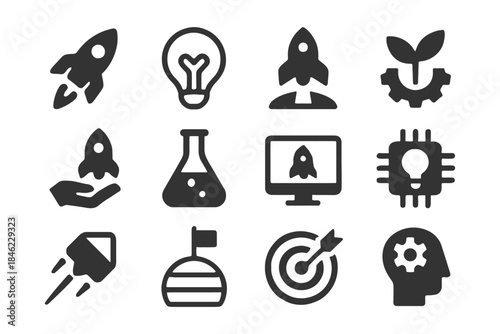 Innovation icons: rocket, light bulb, gear, computer, target, flask, plant.