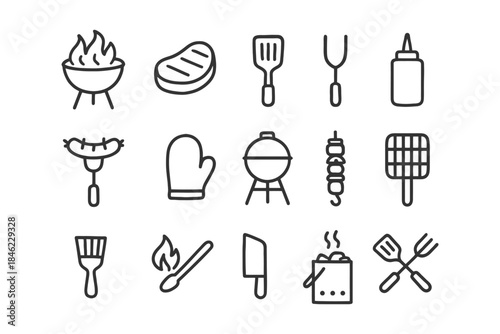 Barbecue icons: grill, steak, utensils, skewer, condiments.