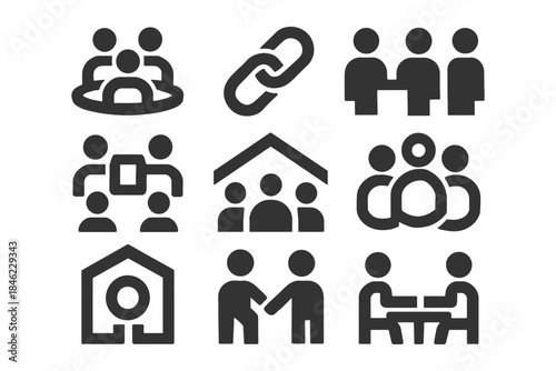 Set of social interaction and collaboration icons in black and white.