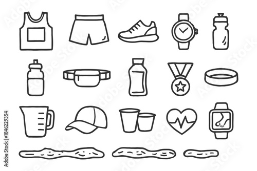 Hand-drawn running gear icons: shoes, watch, bottle, medal, cap.