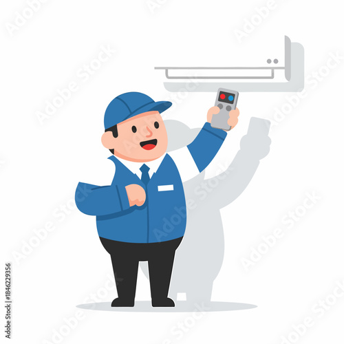 Technician installing air conditioning unit remotely.