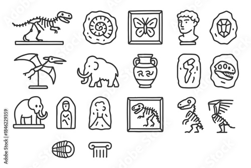 Dinosaur fossils and ancient artifacts collection in museum outline icons.