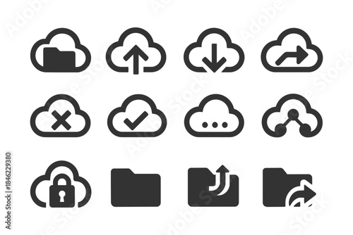 Cloud storage icons: upload, download, sync, share, secure files.