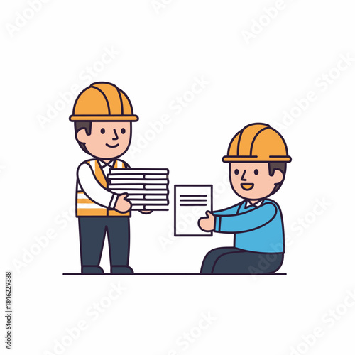 Two Cartoon Construction Workers Exchanging Documents.
