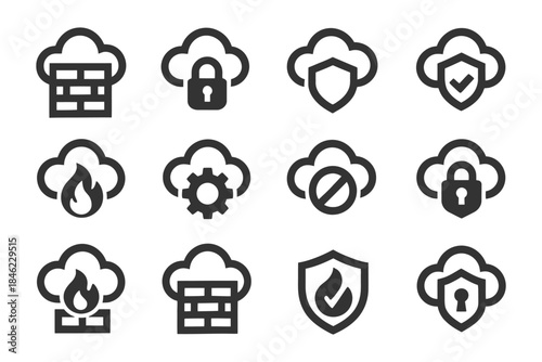 Cloud security icons featuring firewall, lock, shield, and gear symbols.