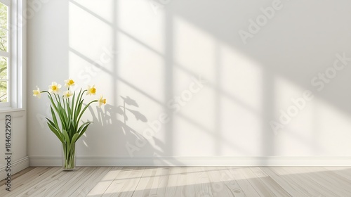 Minimalist Interior with Sunlight Window Shadow and Fresh Flowers Vase