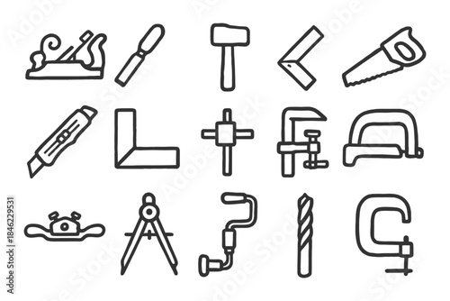 Hand-drawn carpenter tools icons: hammer, saw, drill, compass, plane.