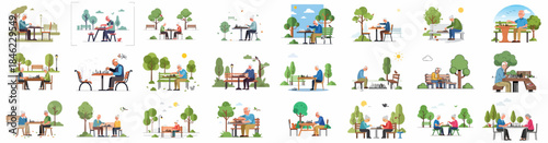 Senior people playing chess in the park on various benches and tables. Outdoor activity and leisure time for elderly couples and individuals.