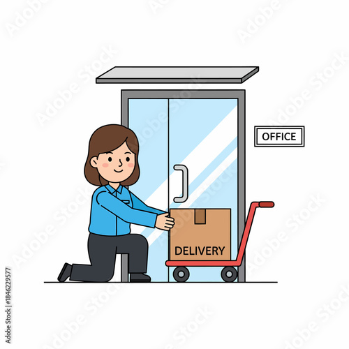 Woman Delivering Package to Office Door.