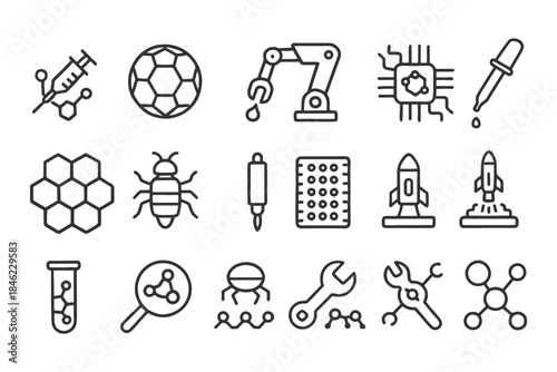Science and technology icons: robotics, space, chemistry, and engineering symbols.