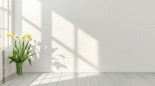Minimalist Interior with Sunlight Window Shadow and Fresh Flowers Vase