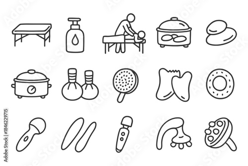 Hand-drawn massage therapy icons set including oils, stones, and tools.