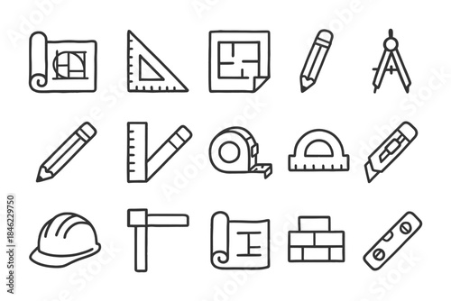 Construction and architecture icons: tools for design and building projects.
