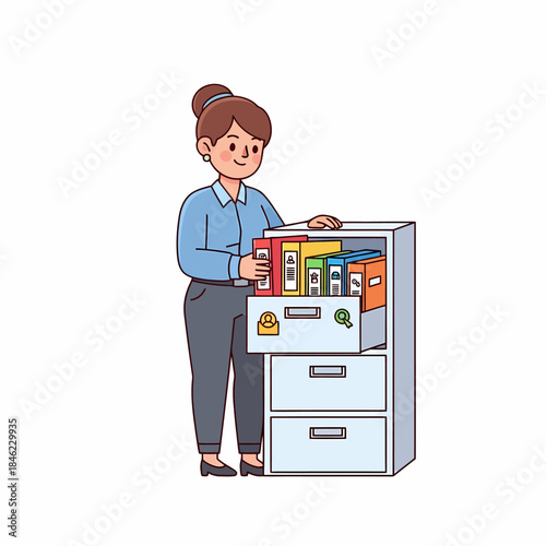 Woman Organizing Files in Filing Cabinet.