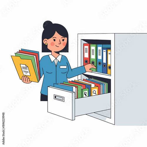 Woman Organizing Files in Filing Cabinet.