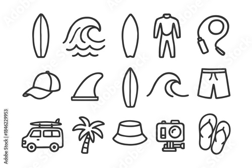 Simple summer surf icons: boards, waves, wetsuit, dive camera, beachwear.