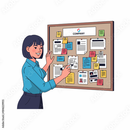 Woman Organizing Notes on Bulletin Board.