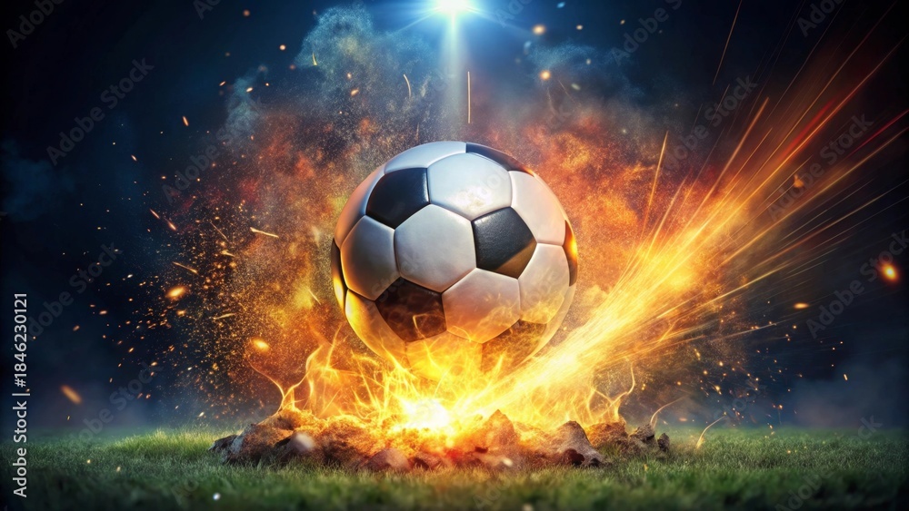 Naklejka premium Fiery Soccer Ball Exploding on a Grassy Field, a Dynamic Image Representing the Passion and Intensity of the Game