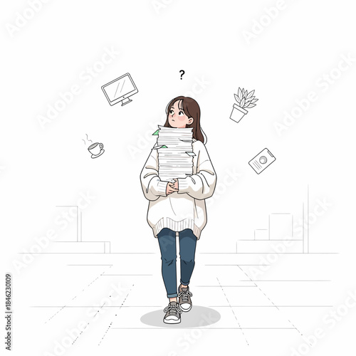 Woman Overwhelmed with Papers and Questions.