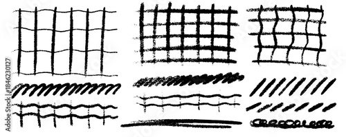 Hand-drawn underline and grid texture with crayon sketch and crayon shading, structured by simple grid blocks alignment, filled with raw scrawl shapes and soft scrawl lines.