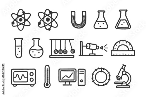 Doodle icons: science tools and lab equipment collection.