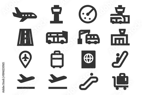 Airport icons: transportation, travel, airplane, luggage, control tower symbols.