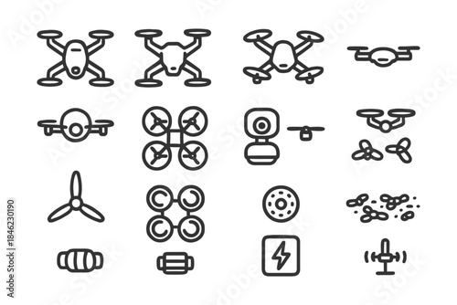 Drone icon set: quadcopter designs and components.