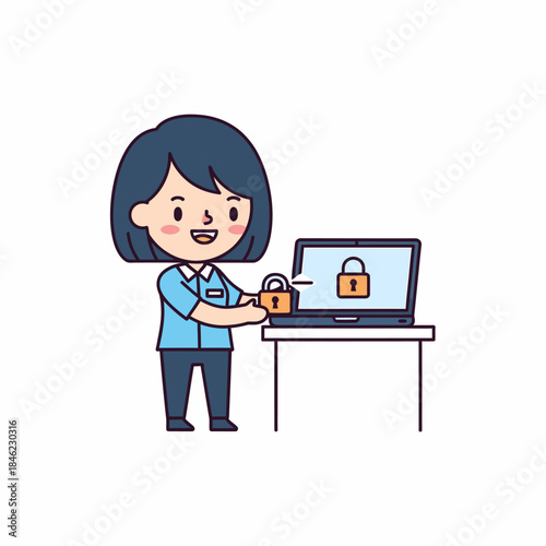 Woman Unlocking Laptop with Padlock Icon.