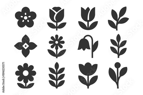 Silhouette set of floral icons featuring diverse flower and leaf designs.