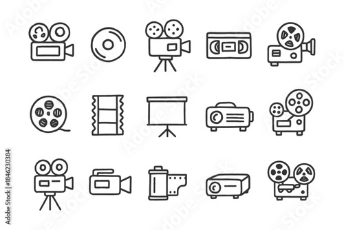 Set of hand-drawn vintage film and video equipment icons.