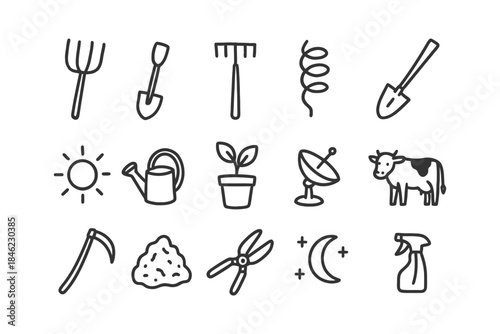 Collection of simple gardening and farming icons in black and white.